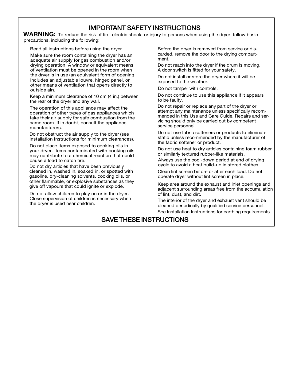 Important safety instructions, Save these instructions, Warning | Whirlpool 3RLEQ8000 User Manual | Page 4 / 12