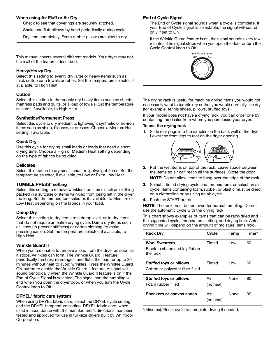 Additional features, Drying rack (optional) | Whirlpool 3RLEQ8000 User Manual | Page 9 / 12