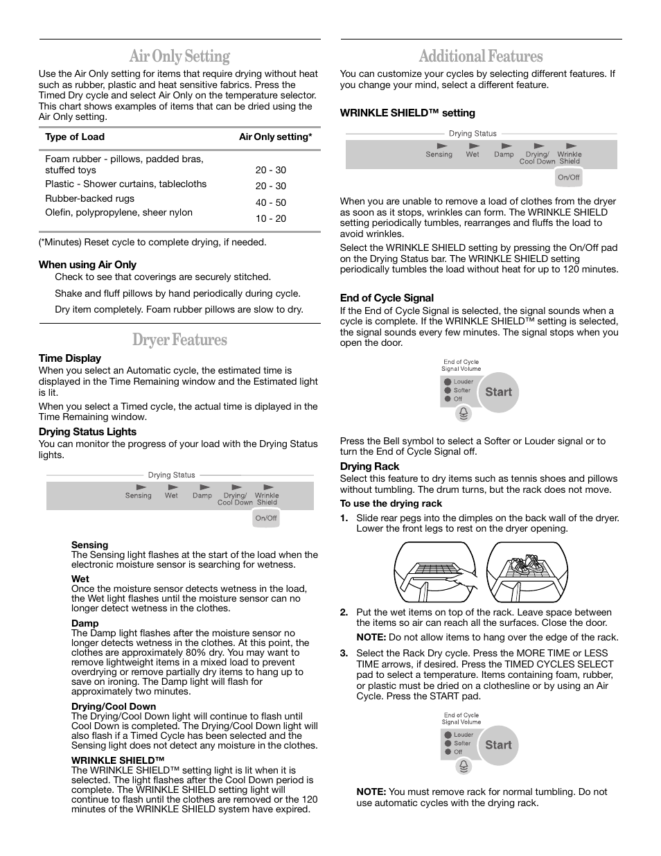 Air only setting, Dryer features, Additional features | Whirlpool 8314840B User Manual | Page 10 / 15