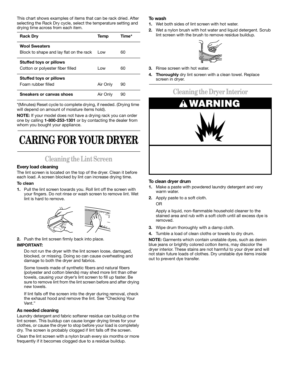Caring for your dryer, Cleaning the lint screen, Cleaning the dryer interior | Whirlpool 8314840B User Manual | Page 11 / 15