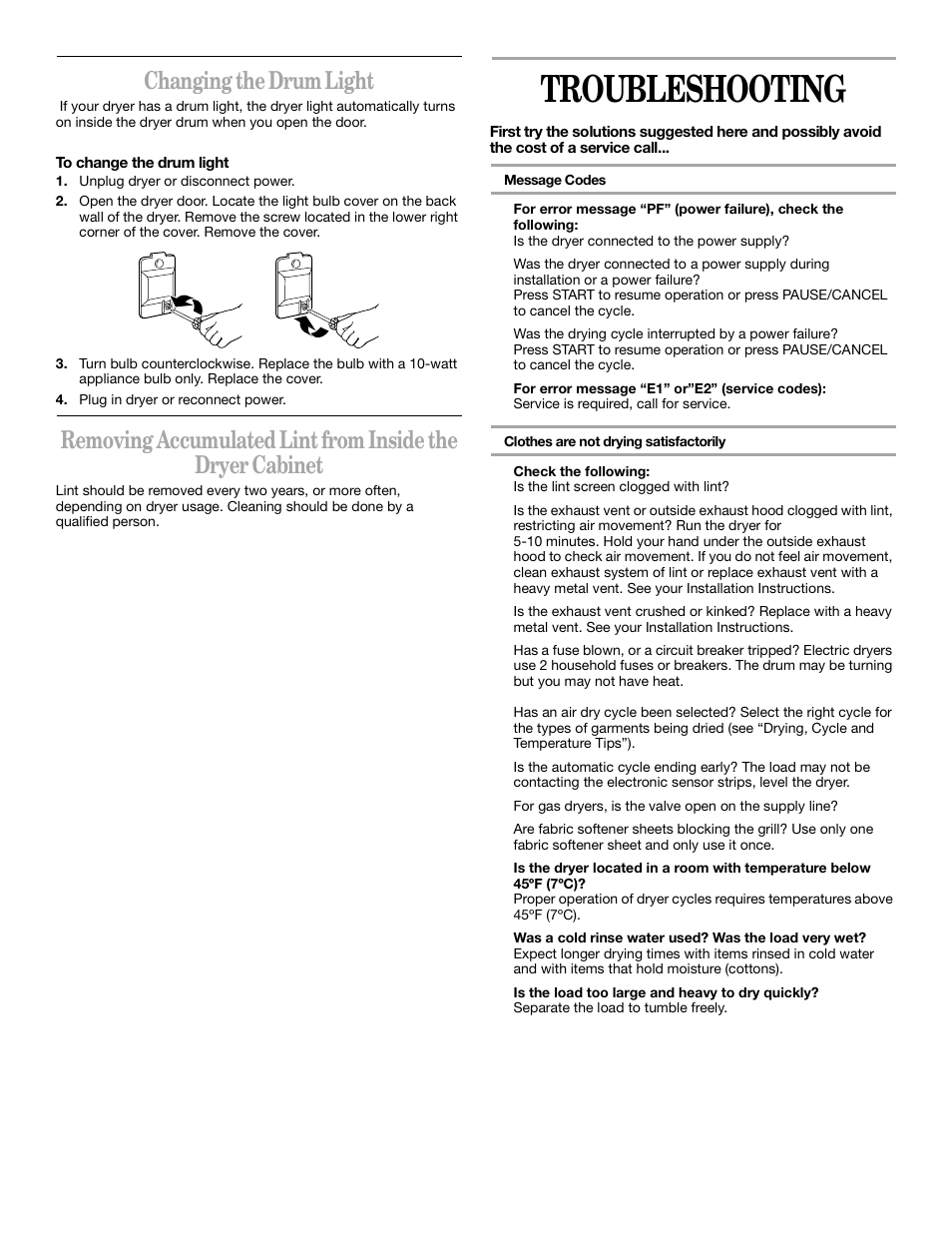 Troubleshooting, Changing the drum light | Whirlpool 8314840B User Manual | Page 12 / 15