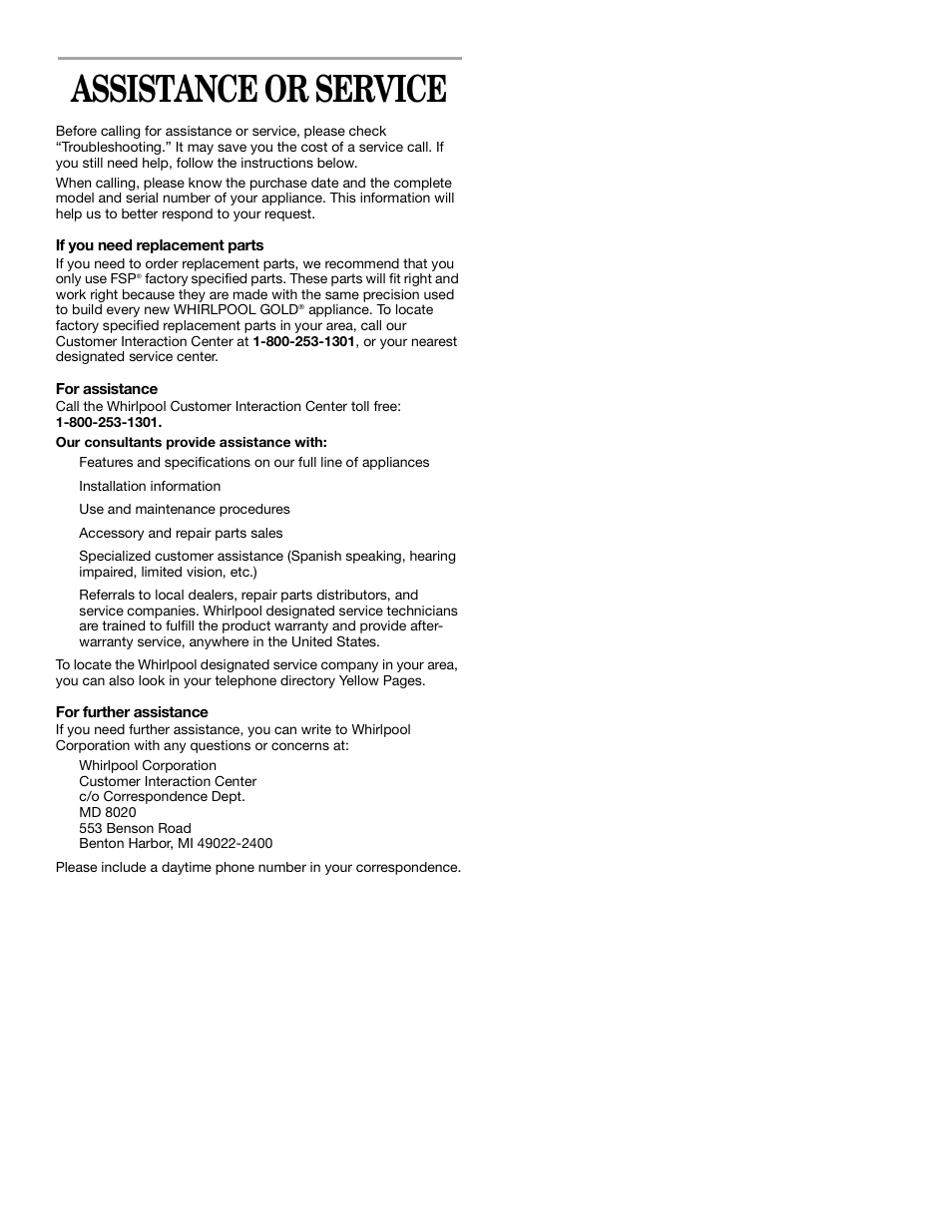Assistance or service | Whirlpool 8314840B User Manual | Page 14 / 15
