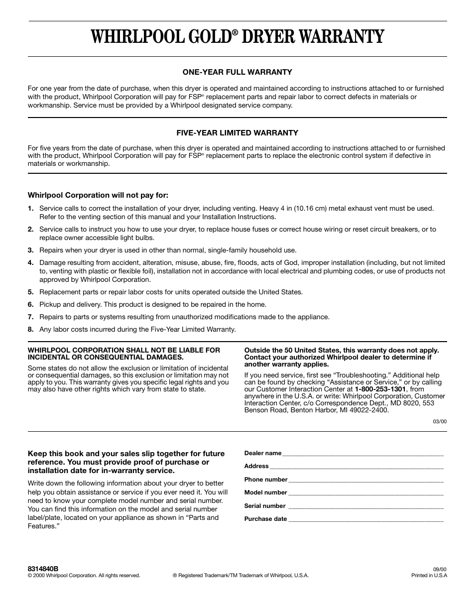 Warranty, Whirlpool gold, Dryer warranty | Whirlpool 8314840B User Manual | Page 15 / 15