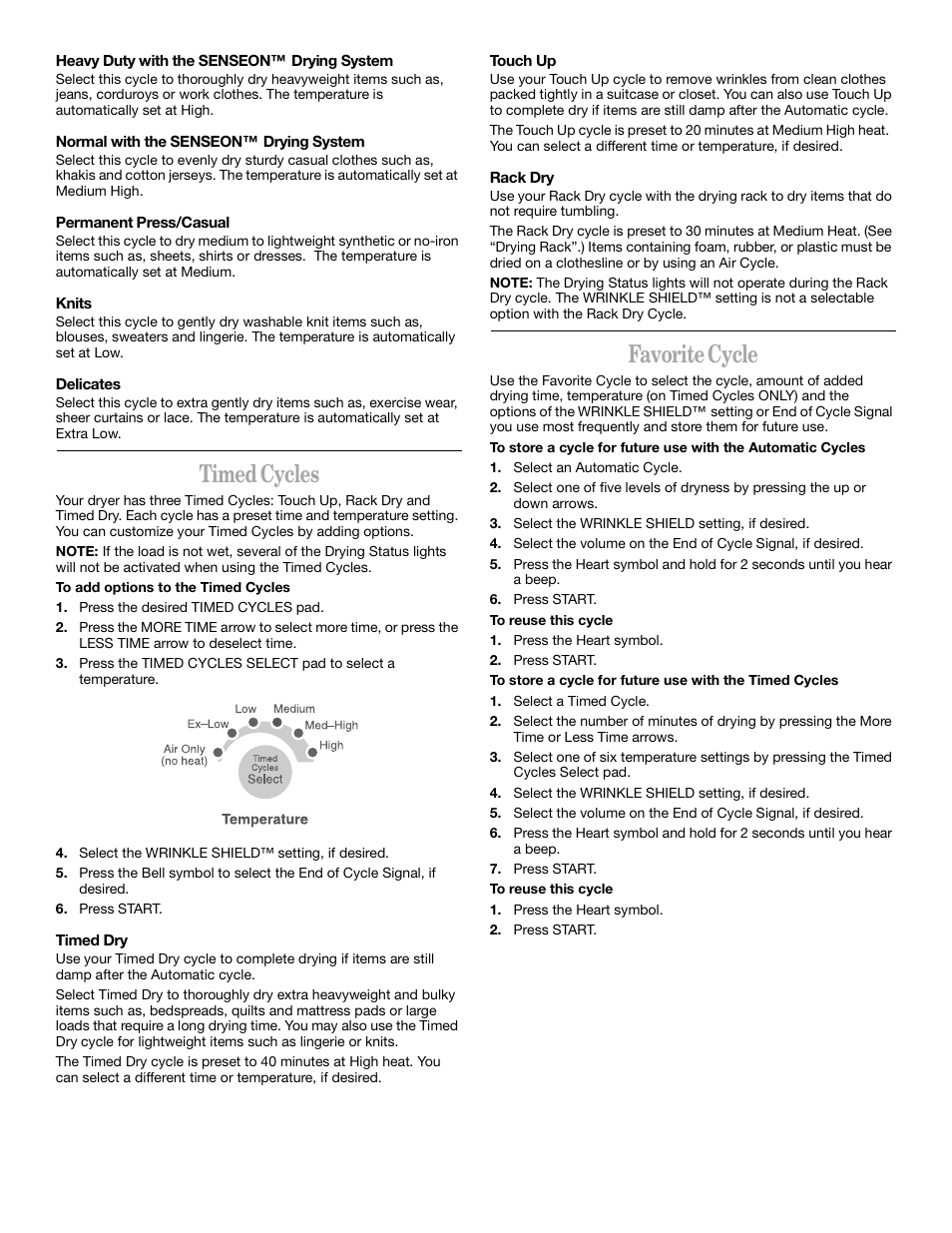 Timed cycles, Favorite cycle | Whirlpool 8314840B User Manual | Page 9 / 15