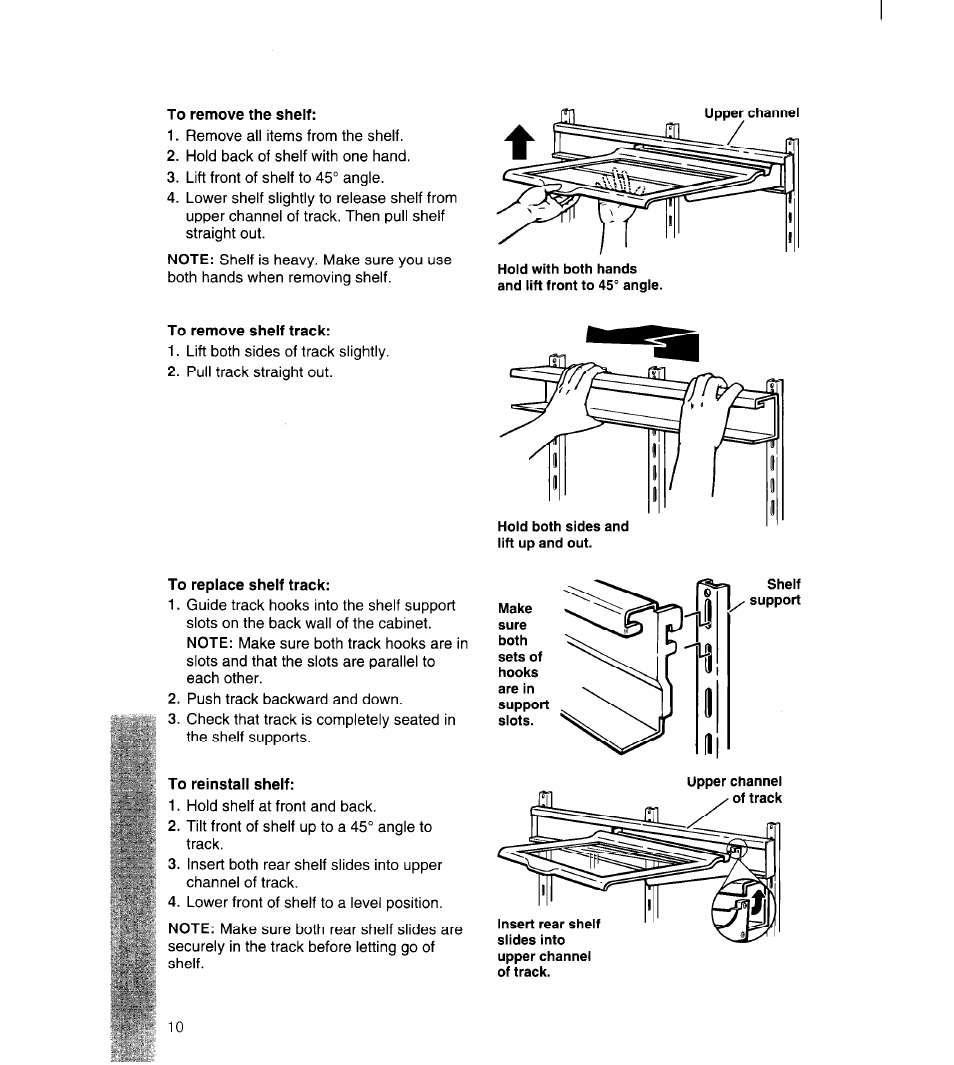 To remove the shelf, To remove shelf track, To replace shelf track | To reinstall shelf | Whirlpool 3ET22DKXDN00 User Manual | Page 11 / 51