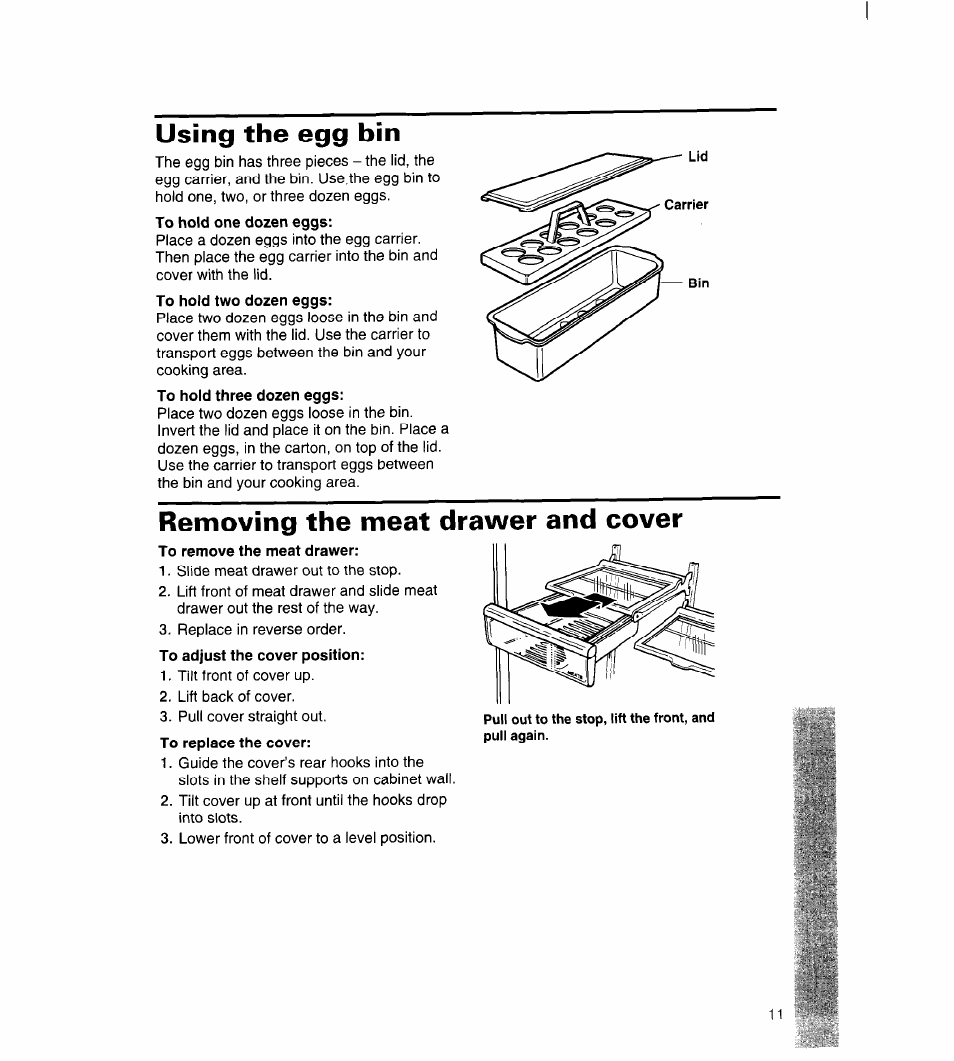 To remove the meat drawer, Using the egg bin, Removing the meat drawer and cover | Whirlpool 3ET22DKXDN00 User Manual | Page 12 / 51