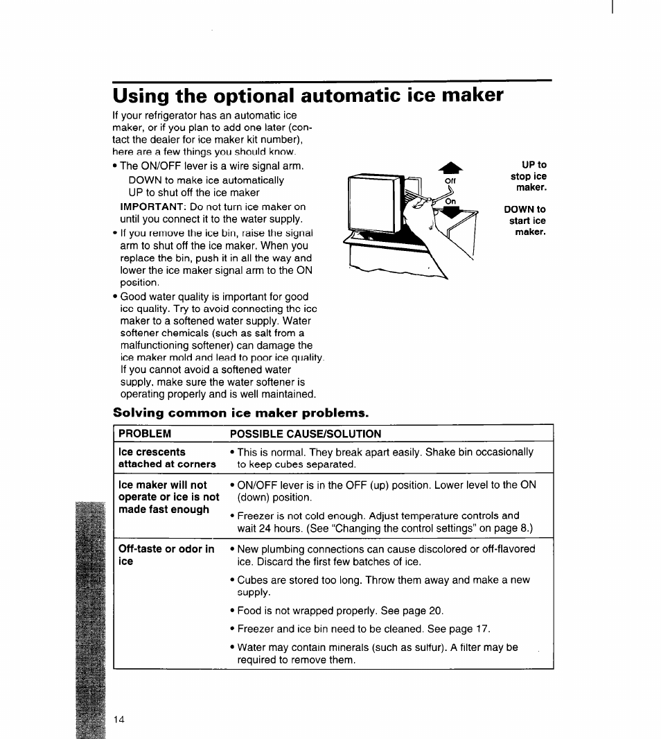 Solving common ice maker problems, Using the optional automatic ice maker | Whirlpool 3ET22DKXDN00 User Manual | Page 15 / 51