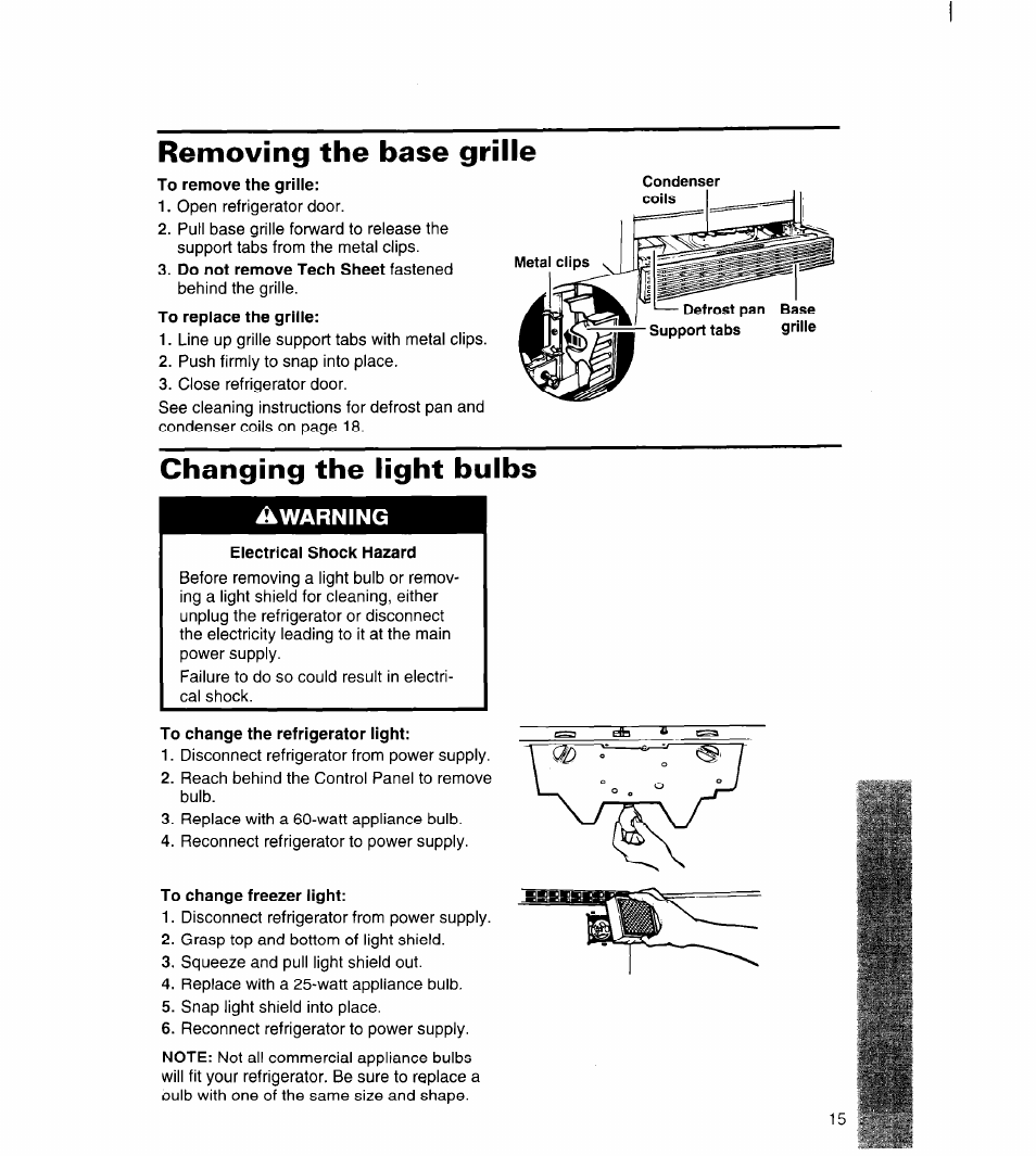 Â warning, Electrical shock hazard, To change the refrigerator light | To change freezer light, Removing the base grille, Changing the light bulbs | Whirlpool 3ET22DKXDN00 User Manual | Page 16 / 51