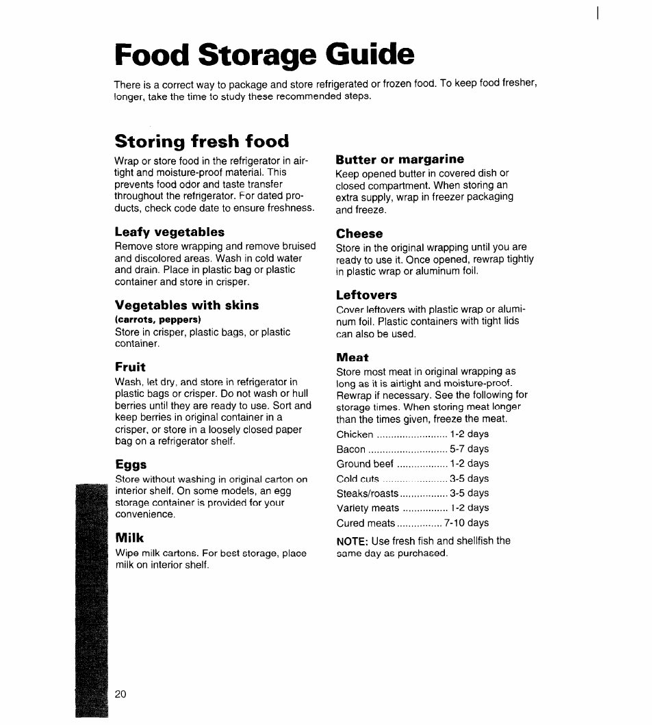 Food storage guide, Leafy vegetables, Vegetables with skins | Fruit, Eggs, Milk, Butter or margarine, Cheese, Leftovers, Meat | Whirlpool 3ET22DKXDN00 User Manual | Page 21 / 51