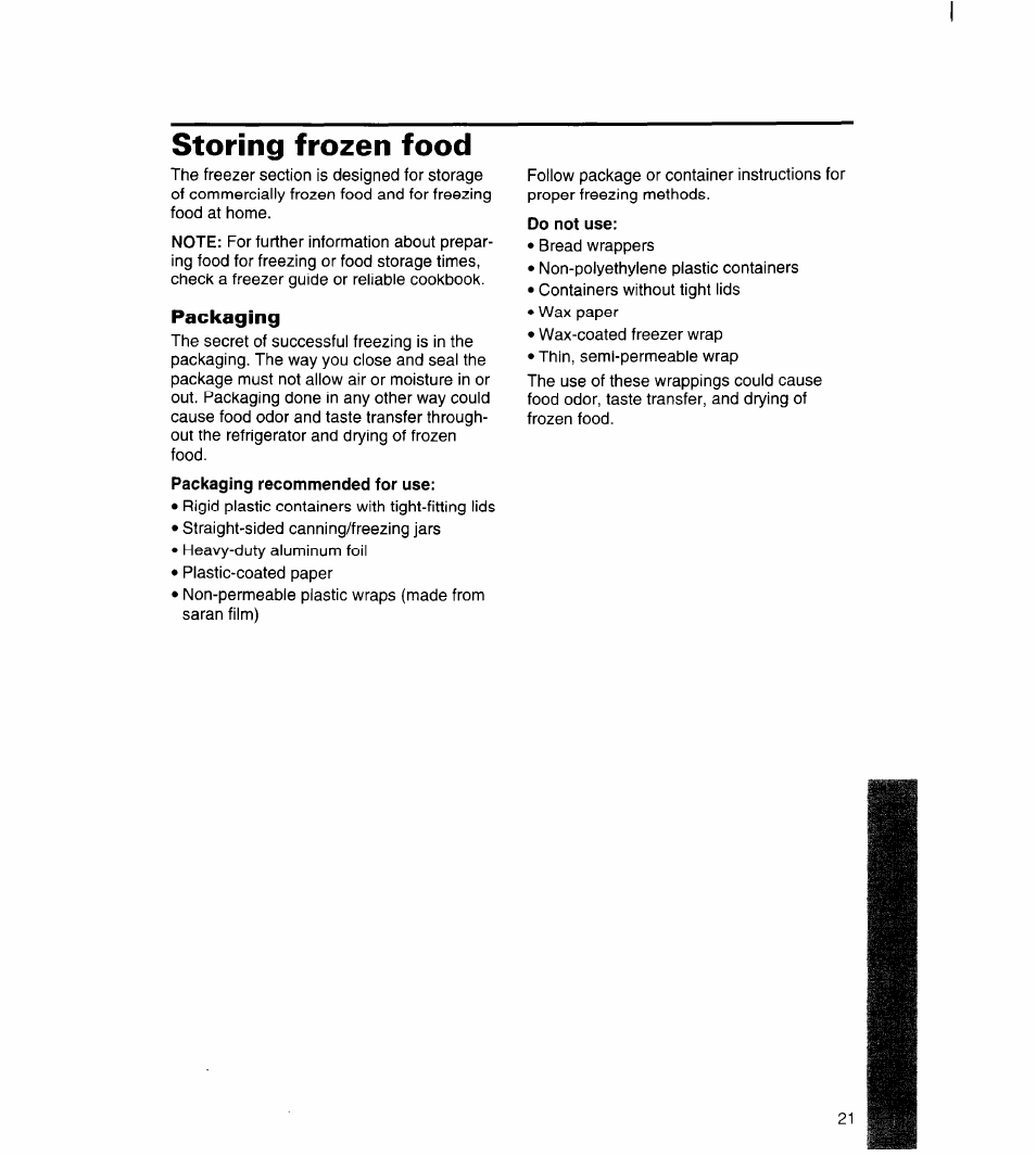 Packaging, Do not use, Storing frozen food | Whirlpool 3ET22DKXDN00 User Manual | Page 22 / 51