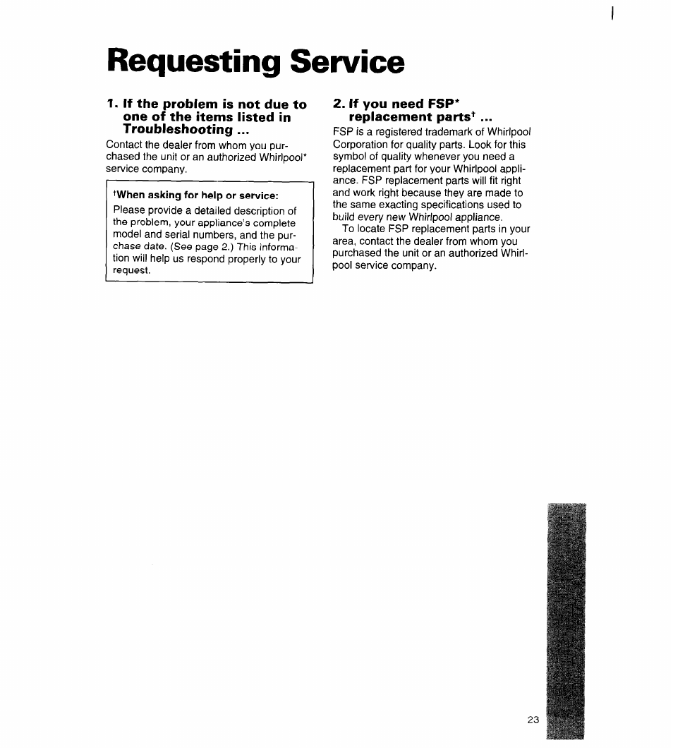 Requesting service, If you need fsp’" replacement parts | Whirlpool 3ET22DKXDN00 User Manual | Page 24 / 51