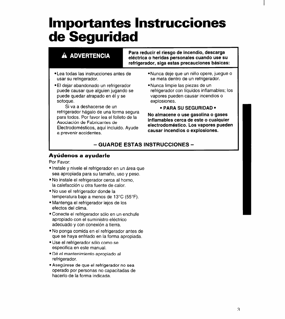 Importantes instrucciones de seguridad, Para su seguridad, Guarde estas instrucciones | Ayúdenos a ayudarle, Importantes instrucciones, De seguridad, À advertencia | Whirlpool 3ET22DKXDN00 User Manual | Page 28 / 51