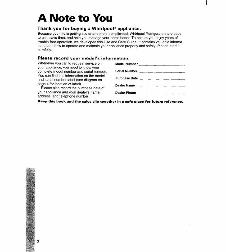 A note to you, Thank you for buying a whirlpool® appliance, Please record your model's information | Whirlpool 3ET22DKXDN00 User Manual | Page 3 / 51