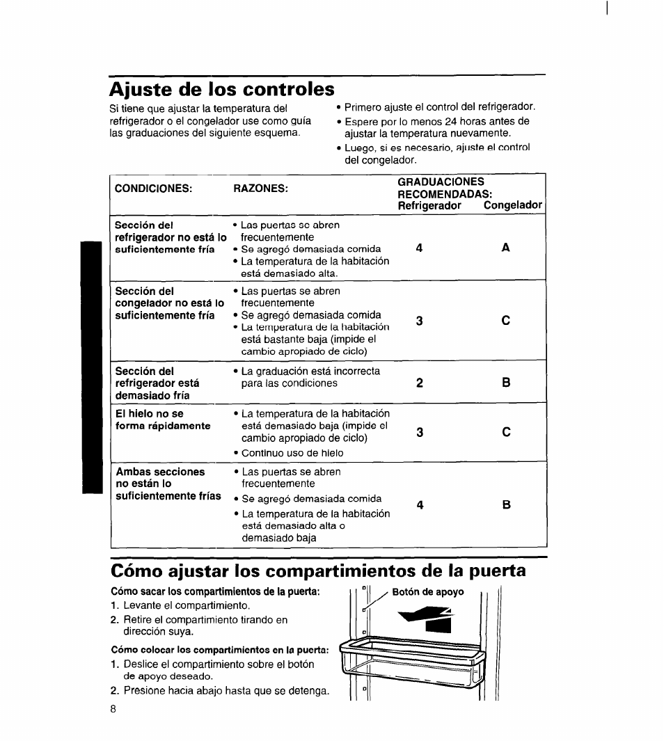 Ajuste de los controles, Cómo ajustar los compartimientos de la puerta | Whirlpool 3ET22DKXDN00 User Manual | Page 33 / 51