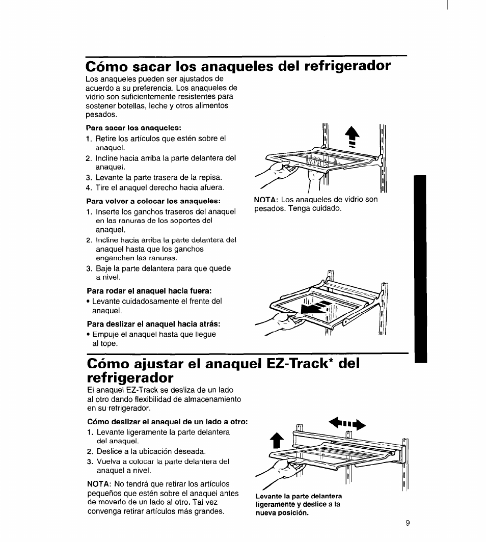 Cómo sacar los anaqueles del refrigerador, Cómo ajustar el anaquel ez-track* del refrigerador | Whirlpool 3ET22DKXDN00 User Manual | Page 34 / 51