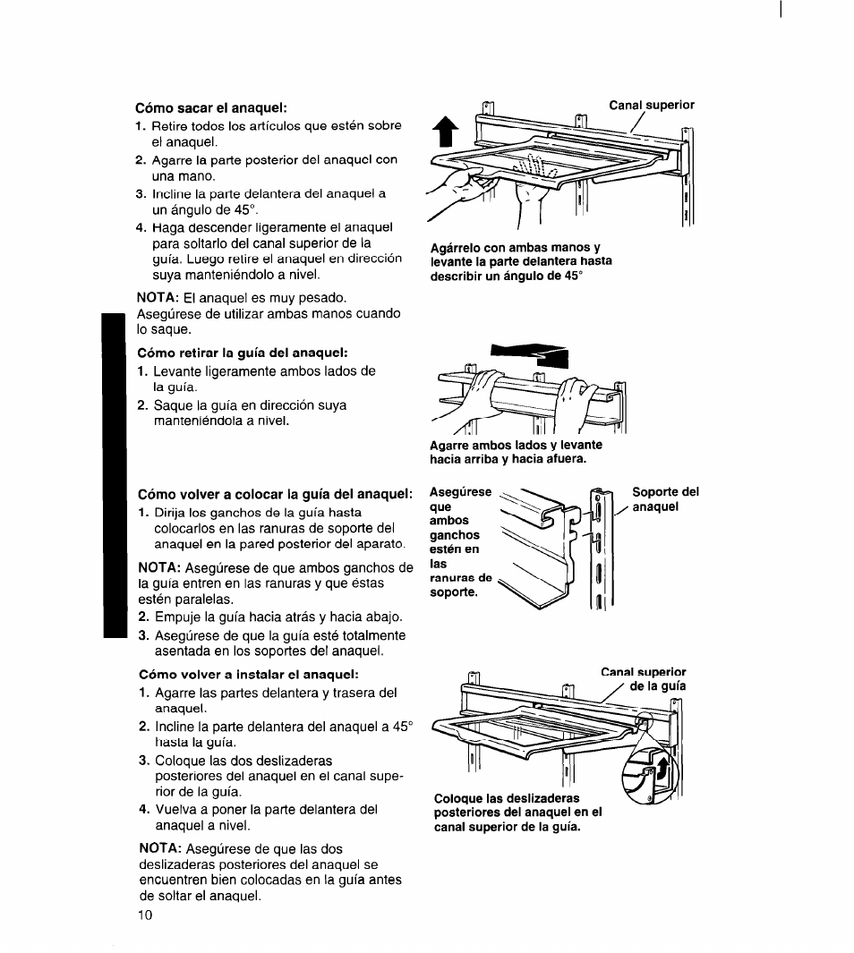 Cómo sacar el anaquel, Cómo volver a colocar la guía del anaquel | Whirlpool 3ET22DKXDN00 User Manual | Page 35 / 51