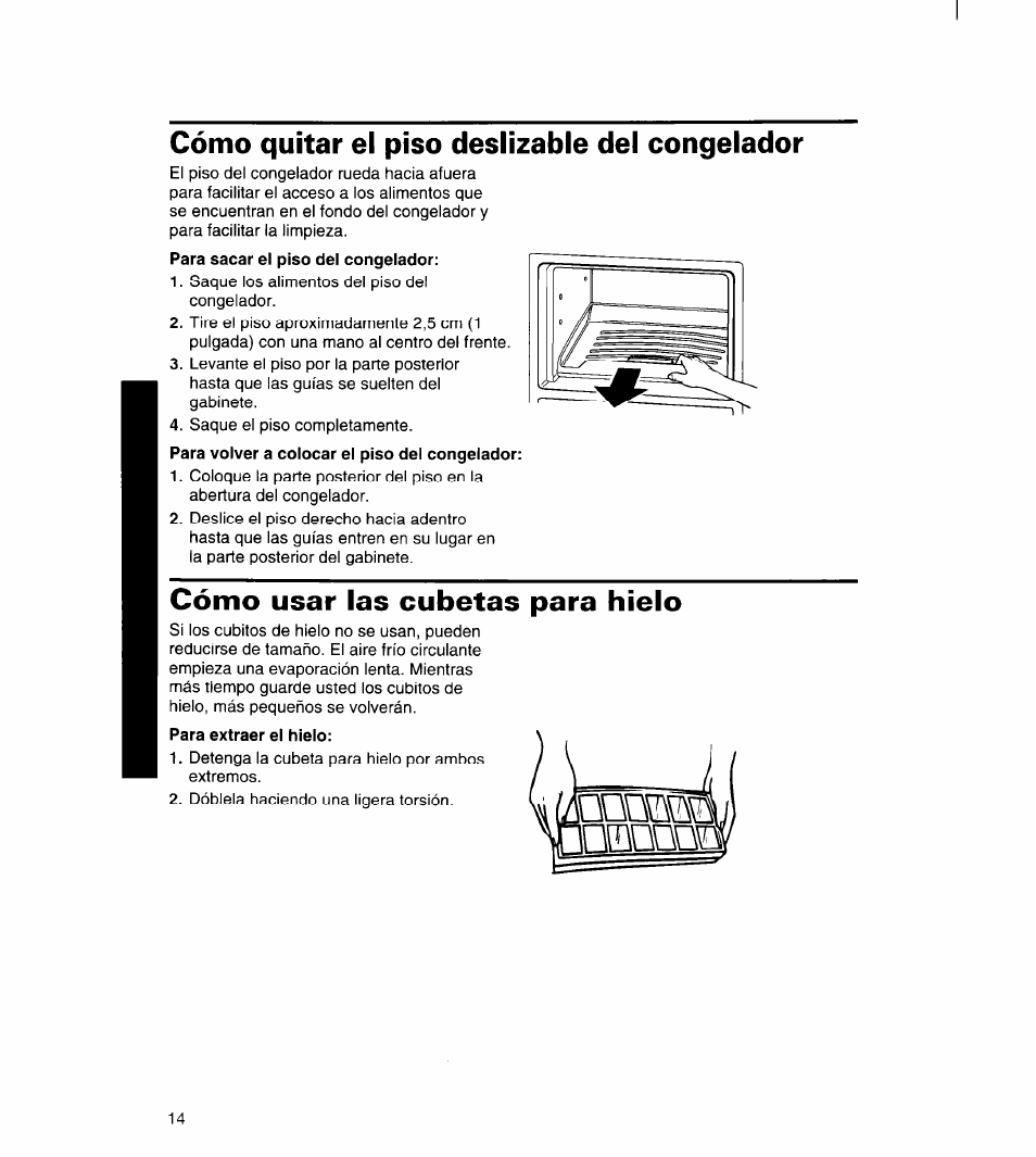 Para extraer el hielo, Donm, Cómo quitar el piso deslizable del congelador | Cómo usar las cubetas para hielo | Whirlpool 3ET22DKXDN00 User Manual | Page 39 / 51