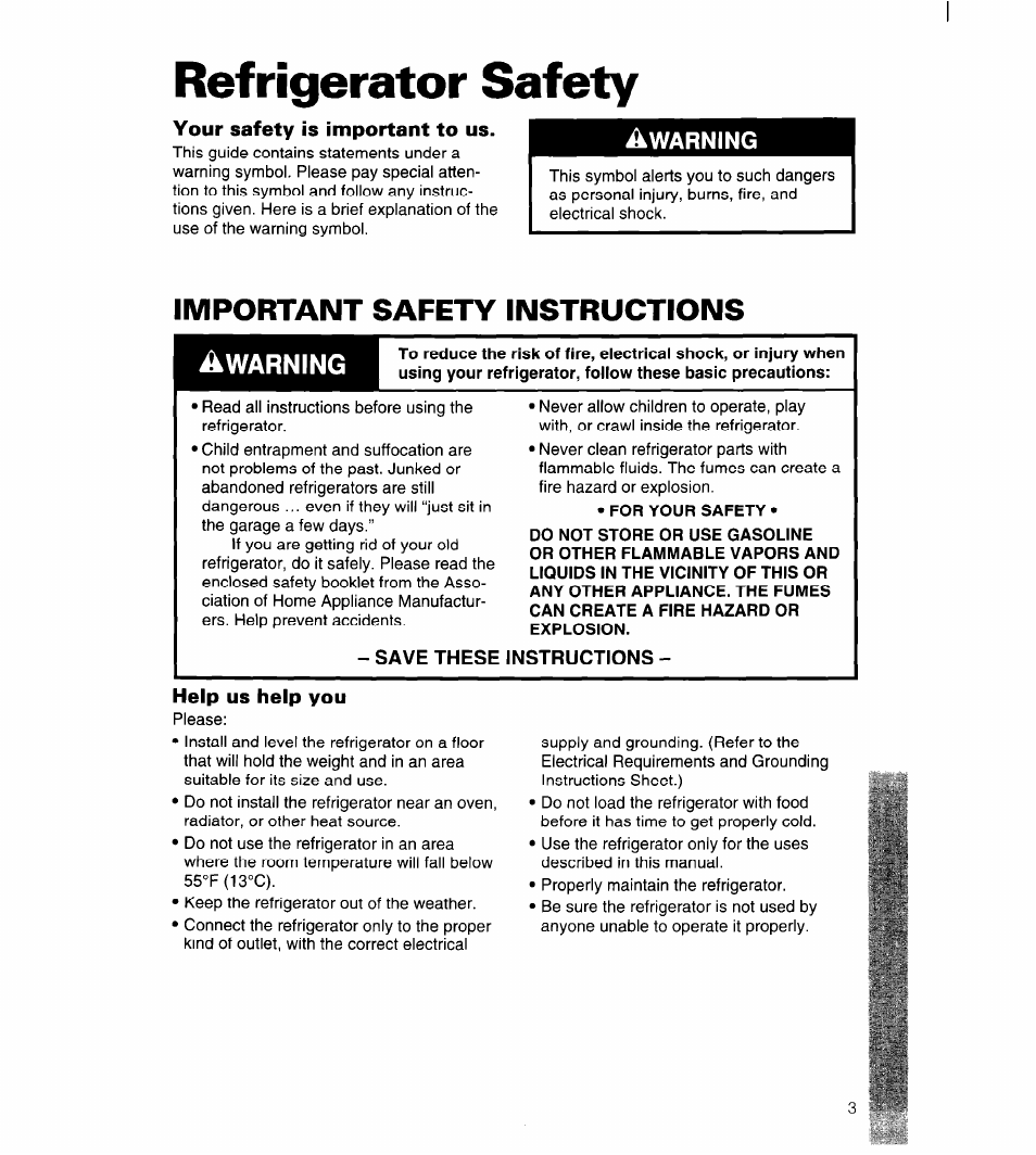 Refrigerator safety, Your safety is important to us, For your safety | Save these instructions, Help us help you, Important safety instructions a, Warning | Whirlpool 3ET22DKXDN00 User Manual | Page 4 / 51