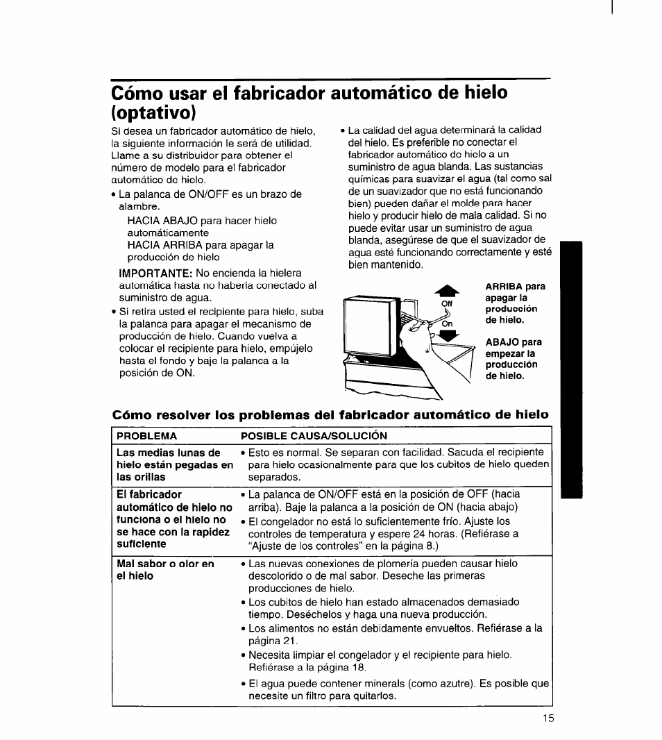 Mal sabor o olor en el hielo, Cómo usar el fabricador (optativo), Automático de hielo | Whirlpool 3ET22DKXDN00 User Manual | Page 40 / 51