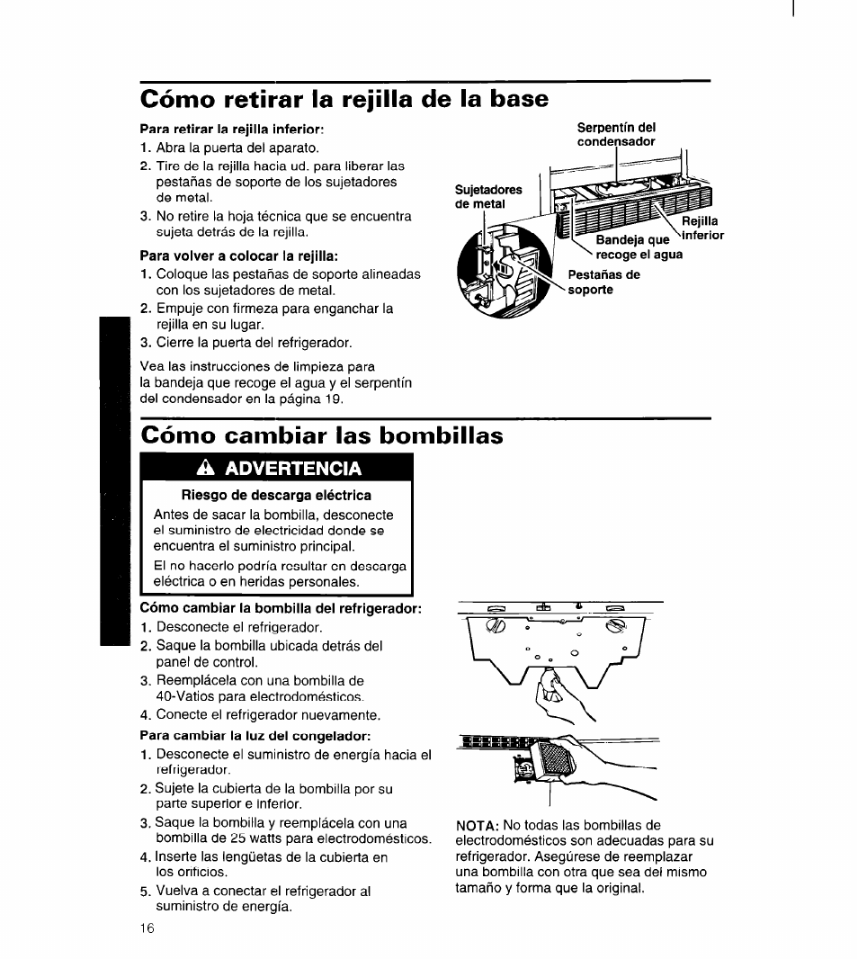 Cómo retirar la rejilla de la base, Cómo cambiar las bombillas, Advertencia | Whirlpool 3ET22DKXDN00 User Manual | Page 41 / 51