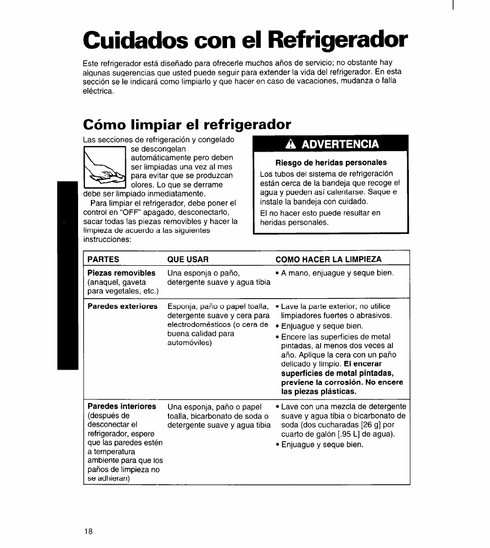 Cuidados con el refrigerador, Paredes interiores, Cómo limpiar el refrigerador | Advertencia | Whirlpool 3ET22DKXDN00 User Manual | Page 43 / 51