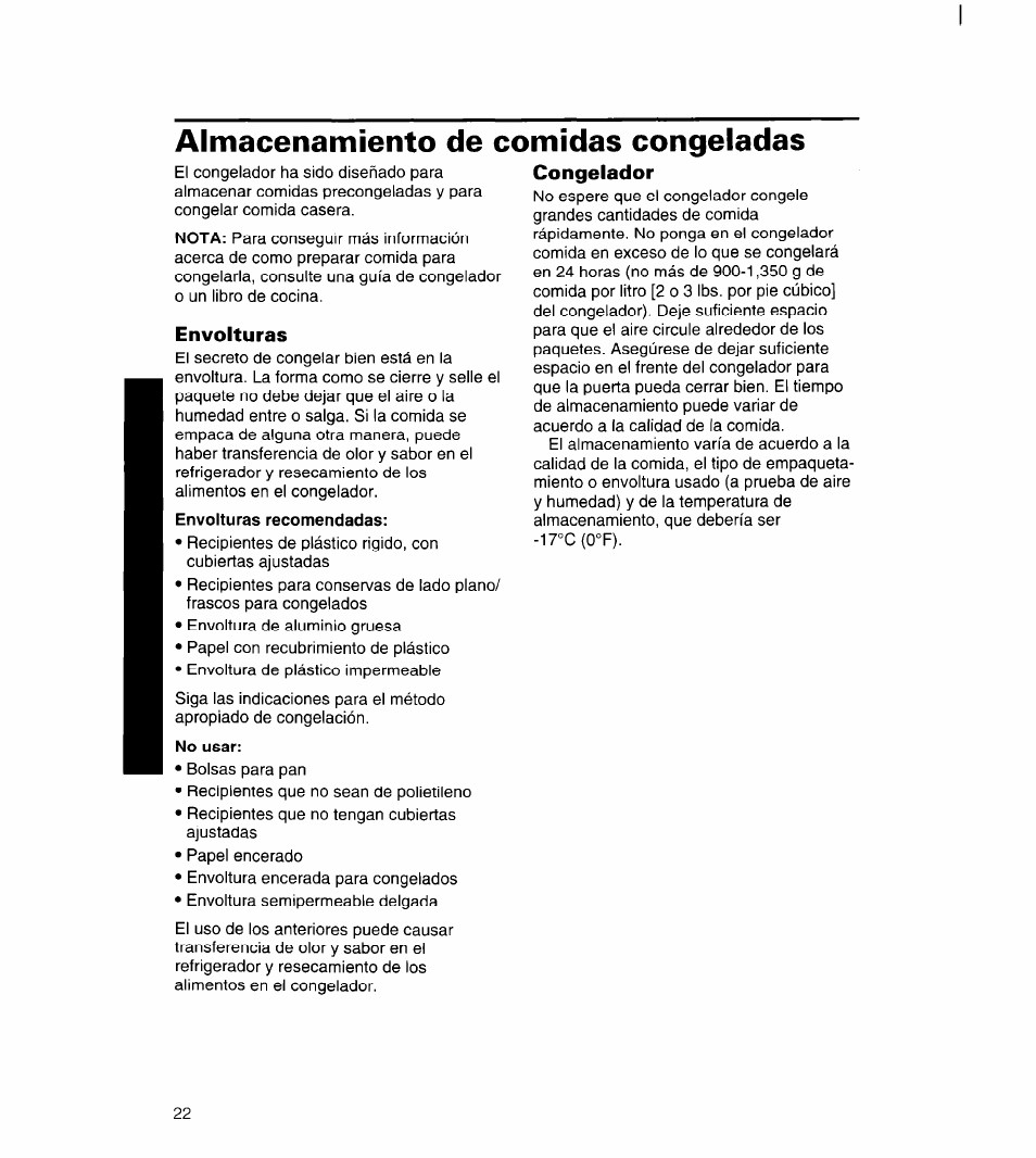 Envolturas, Envolturas recomendadas, No usar | Congelador, Del congelador, Almacenamiento de comidas congeladas | Whirlpool 3ET22DKXDN00 User Manual | Page 47 / 51