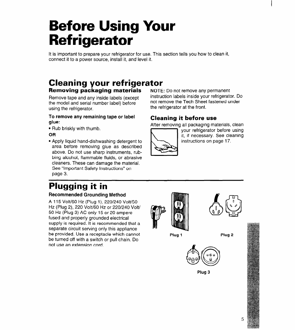 Before using your refrigerator, Removing packaging materials, Cleaning it before use | Cleaning your refrigerator, Plugging it in | Whirlpool 3ET22DKXDN00 User Manual | Page 6 / 51