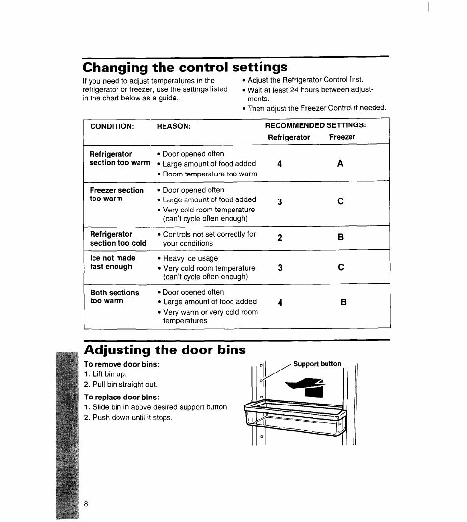 To remove door bins, Changing the control settings, Adjusting the door bins | Whirlpool 3ET22DKXDN00 User Manual | Page 9 / 51