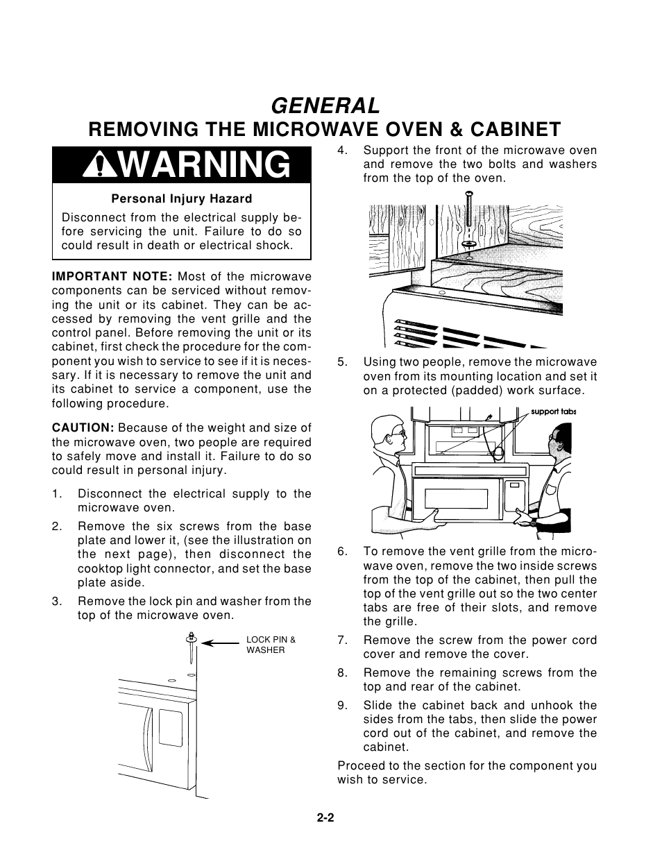 Warning, General, Removing the microwave oven & cabinet | Whirlpool 1997 "E" User Manual | Page 12 / 80