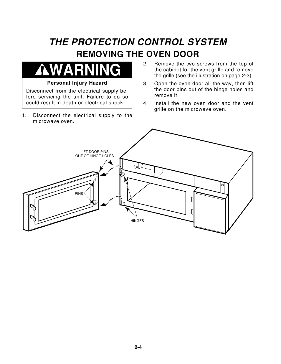 Warning, The protection control system, Removing the oven door | Whirlpool 1997 "E" User Manual | Page 14 / 80