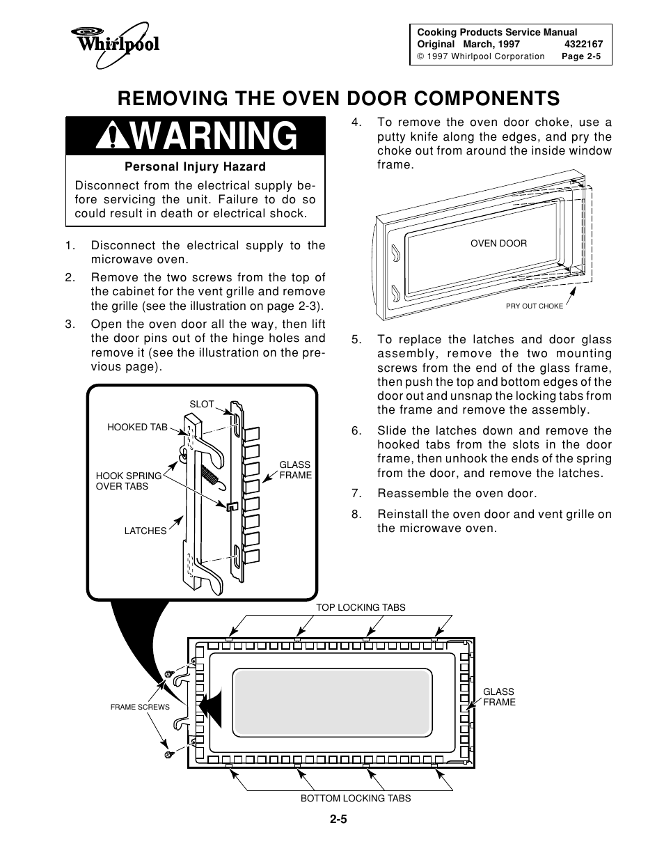 Warning, Removing the oven door components | Whirlpool 1997 "E" User Manual | Page 15 / 80