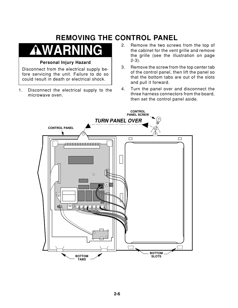 Warning, Removing the control panel | Whirlpool 1997 "E" User Manual | Page 16 / 80