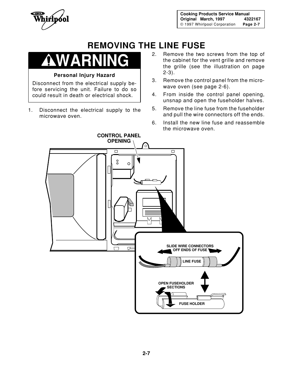 Warning, Removing the line fuse | Whirlpool 1997 "E" User Manual | Page 17 / 80