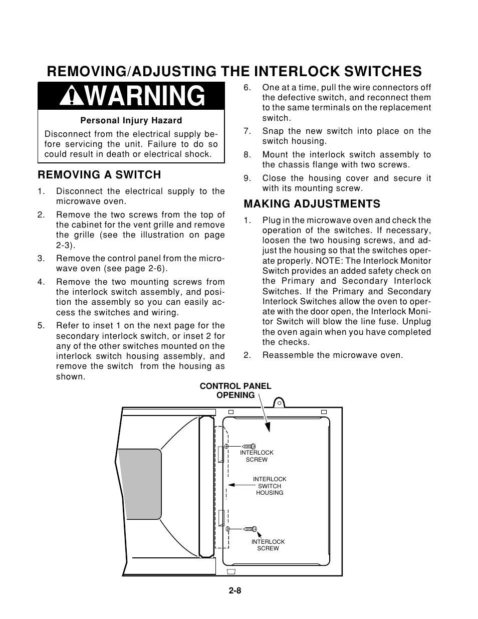 Warning, Removing/adjusting the interlock switches, Removing a switch | Making adjustments | Whirlpool 1997 "E" User Manual | Page 18 / 80