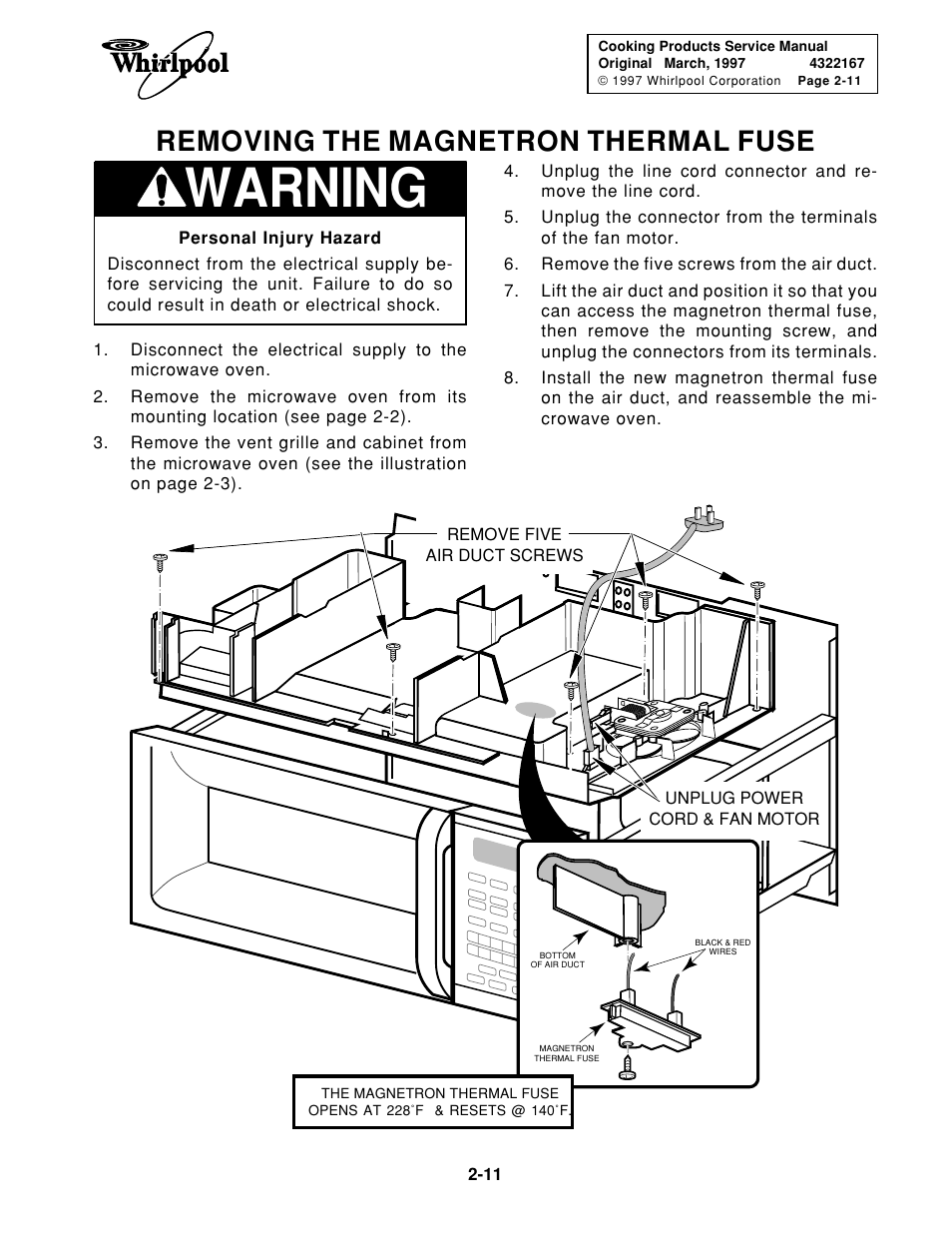 Warning, Removing the magnetron thermal fuse | Whirlpool 1997 "E" User Manual | Page 21 / 80