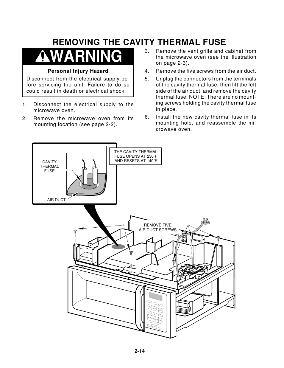 Warning, Removing the cavity thermal fuse | Whirlpool 1997 "E" User Manual | Page 24 / 80