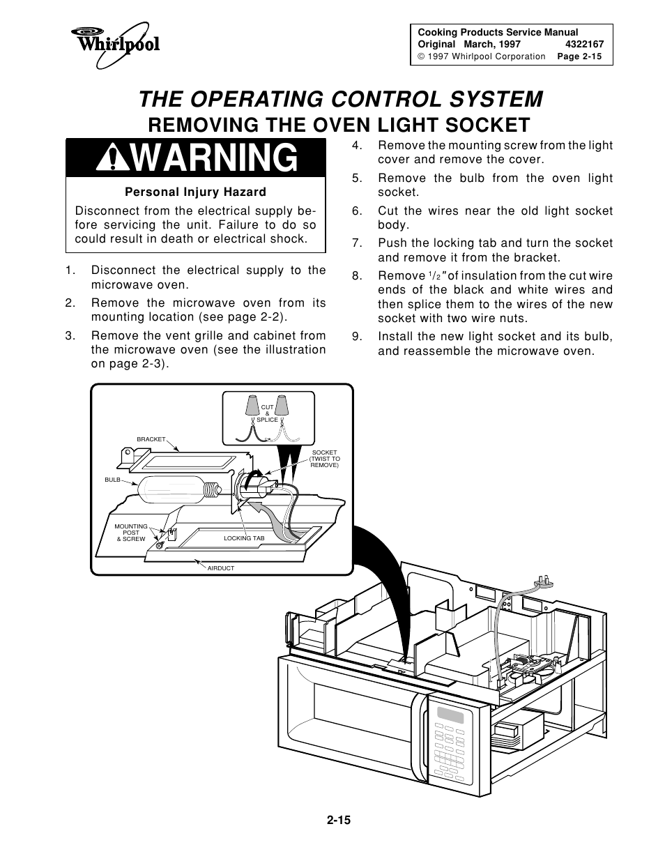 Warning, The operating control system, Removing the oven light socket | Whirlpool 1997 "E" User Manual | Page 25 / 80