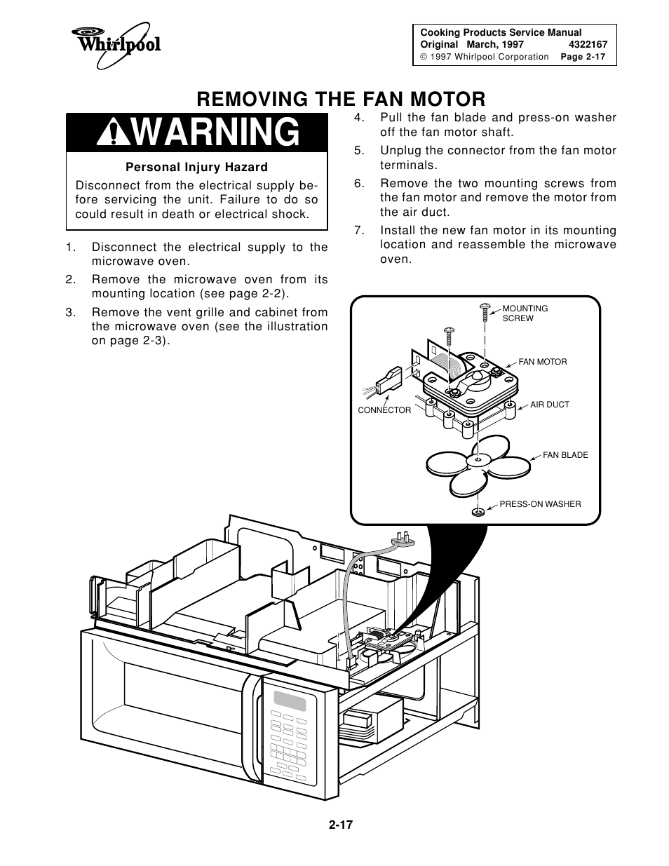 Warning, Removing the fan motor | Whirlpool 1997 "E" User Manual | Page 27 / 80