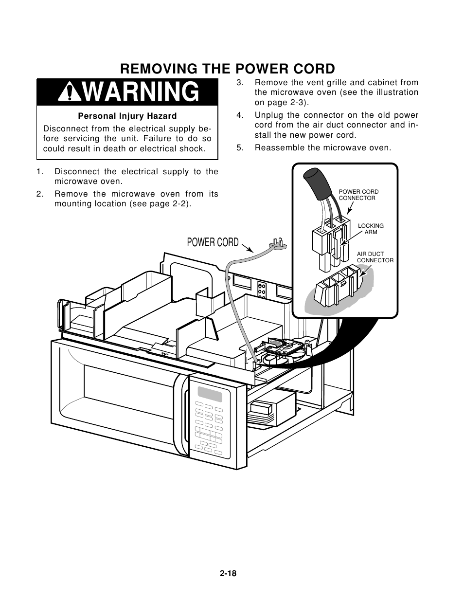 Warning, Removing the power cord, Power cord | Whirlpool 1997 "E" User Manual | Page 28 / 80