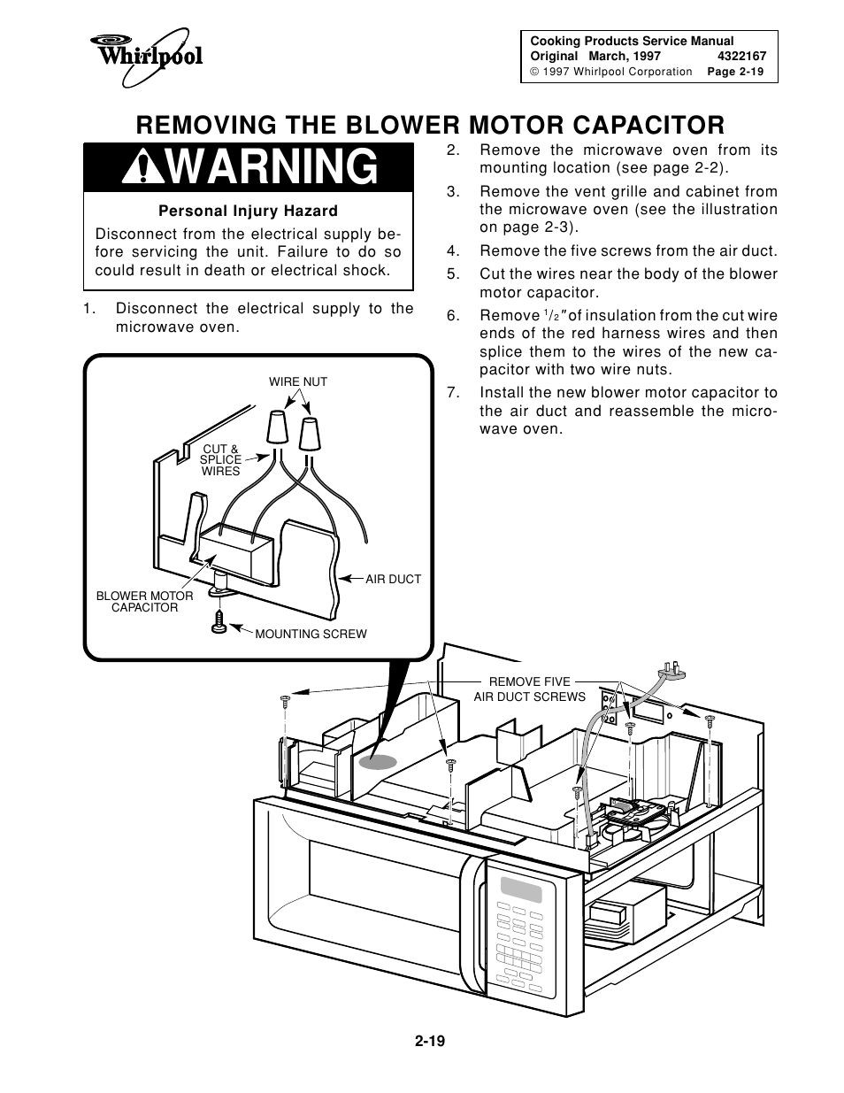 Warning, Removing the blower motor capacitor | Whirlpool 1997 "E" User Manual | Page 29 / 80