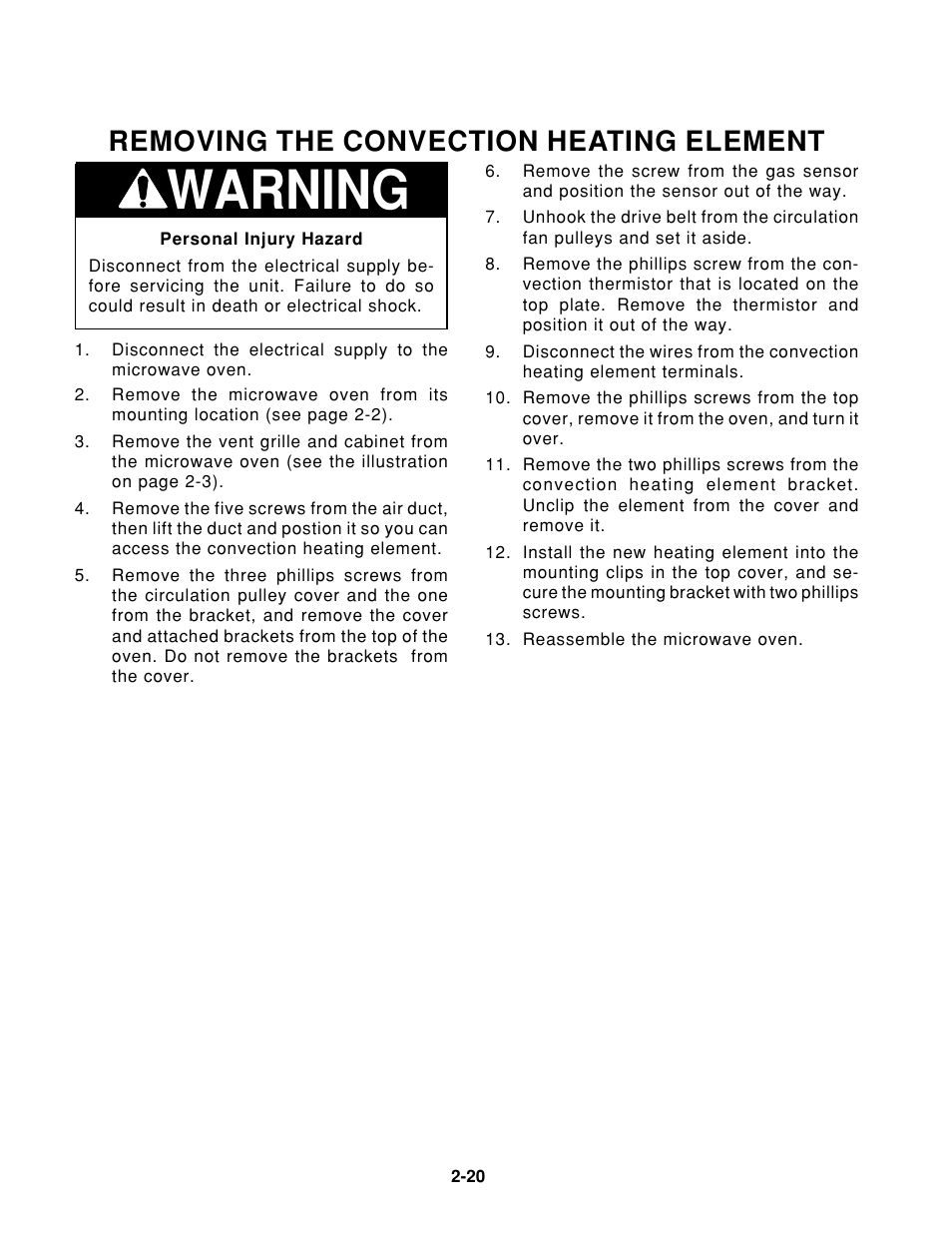 Warning, Removing the convection heating element | Whirlpool 1997 "E" User Manual | Page 30 / 80