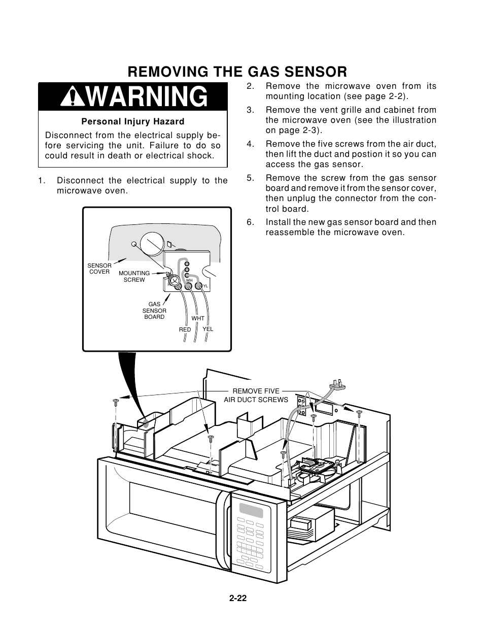 Warning, Removing the gas sensor | Whirlpool 1997 "E" User Manual | Page 32 / 80