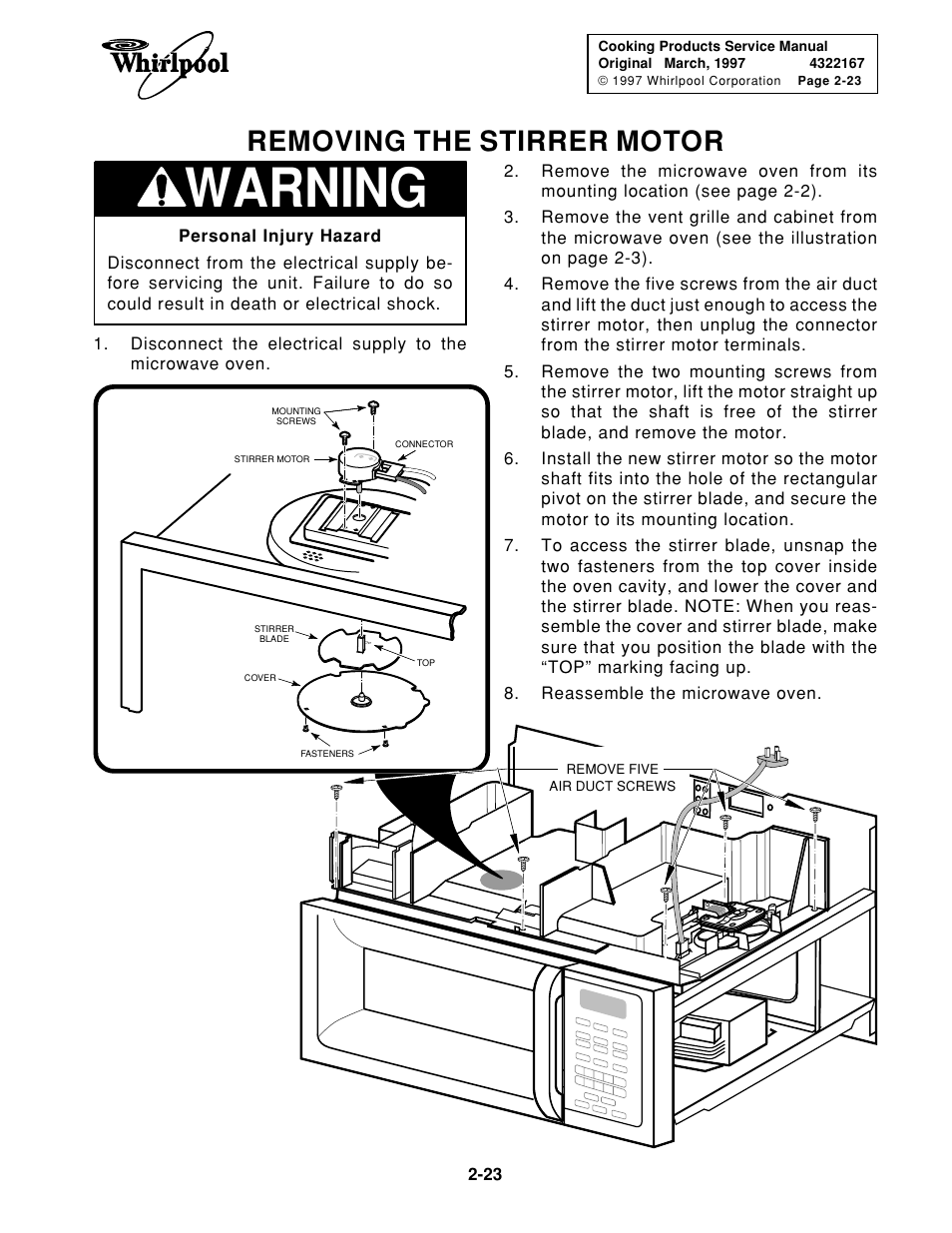 Warning, Removing the stirrer motor | Whirlpool 1997 "E" User Manual | Page 33 / 80