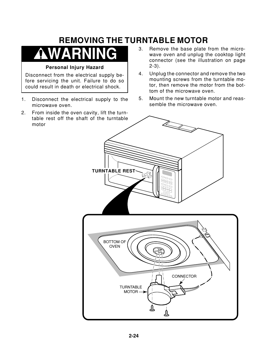 Warning, Removing the turntable motor | Whirlpool 1997 "E" User Manual | Page 34 / 80