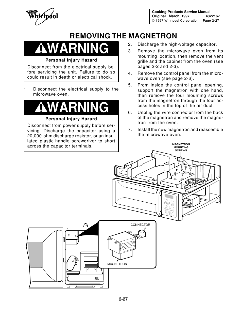 Warning, Removing the magnetron | Whirlpool 1997 "E" User Manual | Page 37 / 80