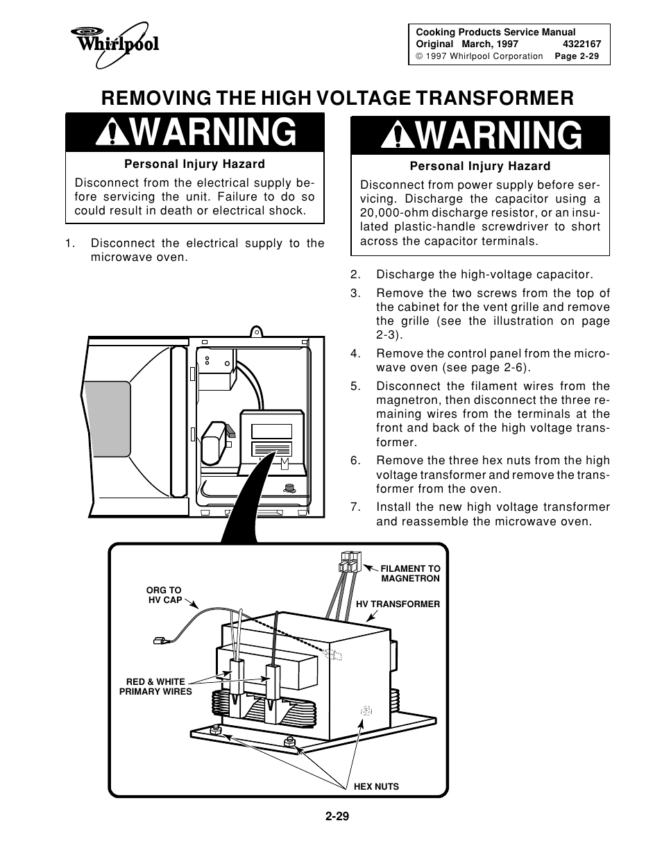 Warning, Removing the high voltage transformer | Whirlpool 1997 "E" User Manual | Page 39 / 80