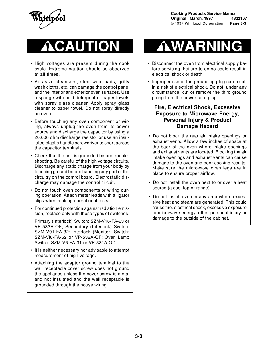 Caution, Warning | Whirlpool 1997 "E" User Manual | Page 43 / 80
