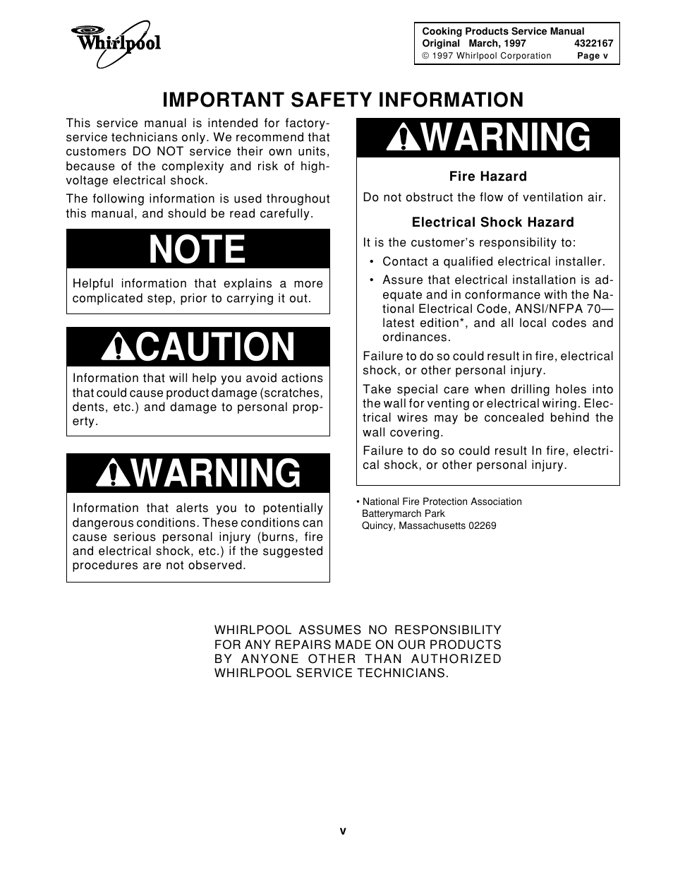 Caution, Warning, Important safety information | Whirlpool 1997 "E" User Manual | Page 5 / 80