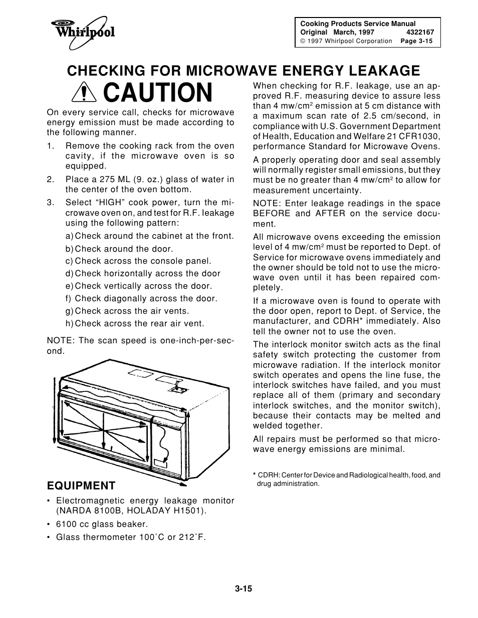 Caution, Checking for microwave energy leakage, Equipment | Whirlpool 1997 "E" User Manual | Page 55 / 80