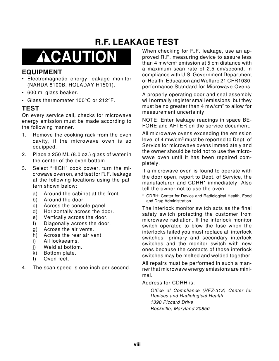 Caution, R.f. leakage test, Equipment | Test | Whirlpool 1997 "E" User Manual | Page 8 / 80